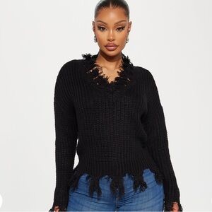 Black Distressed V-Neck Sweater